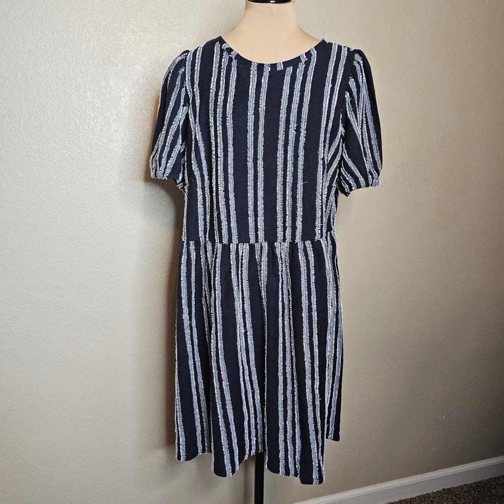 LOFT Striped Puff Babydoll Sleeve Dress Size Large‎ Black White Casual